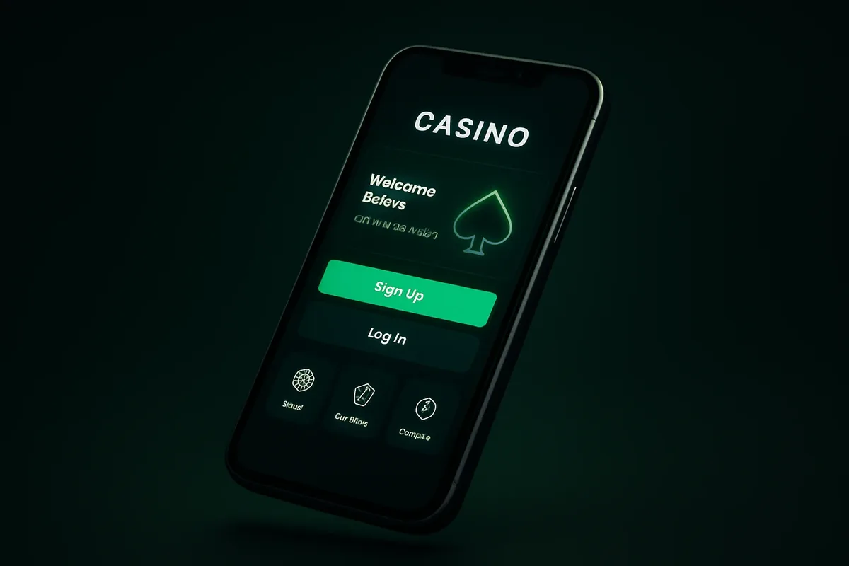 Modern Casino App Sleek smartphone showing dark-themed premium casino app with green accents and mobile-first design