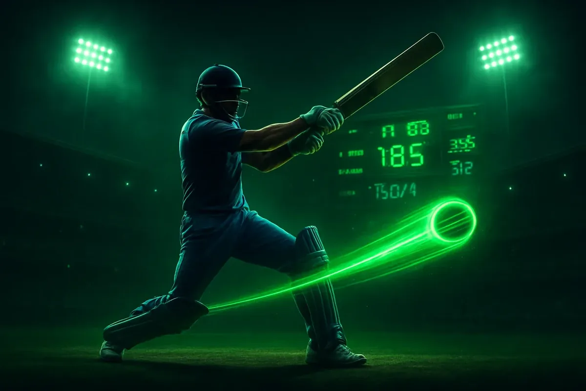 Cricket Batsman Action Batsman in blue jersey hitting powerful cricket shot with neon ball trail and digital scoreboard in stadium