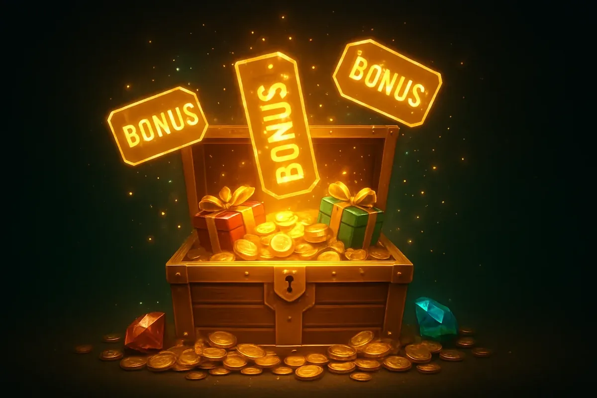 Golden treasure chest overflowing with coins, gems, gift boxes, and glowing bonus tags on dark neon background