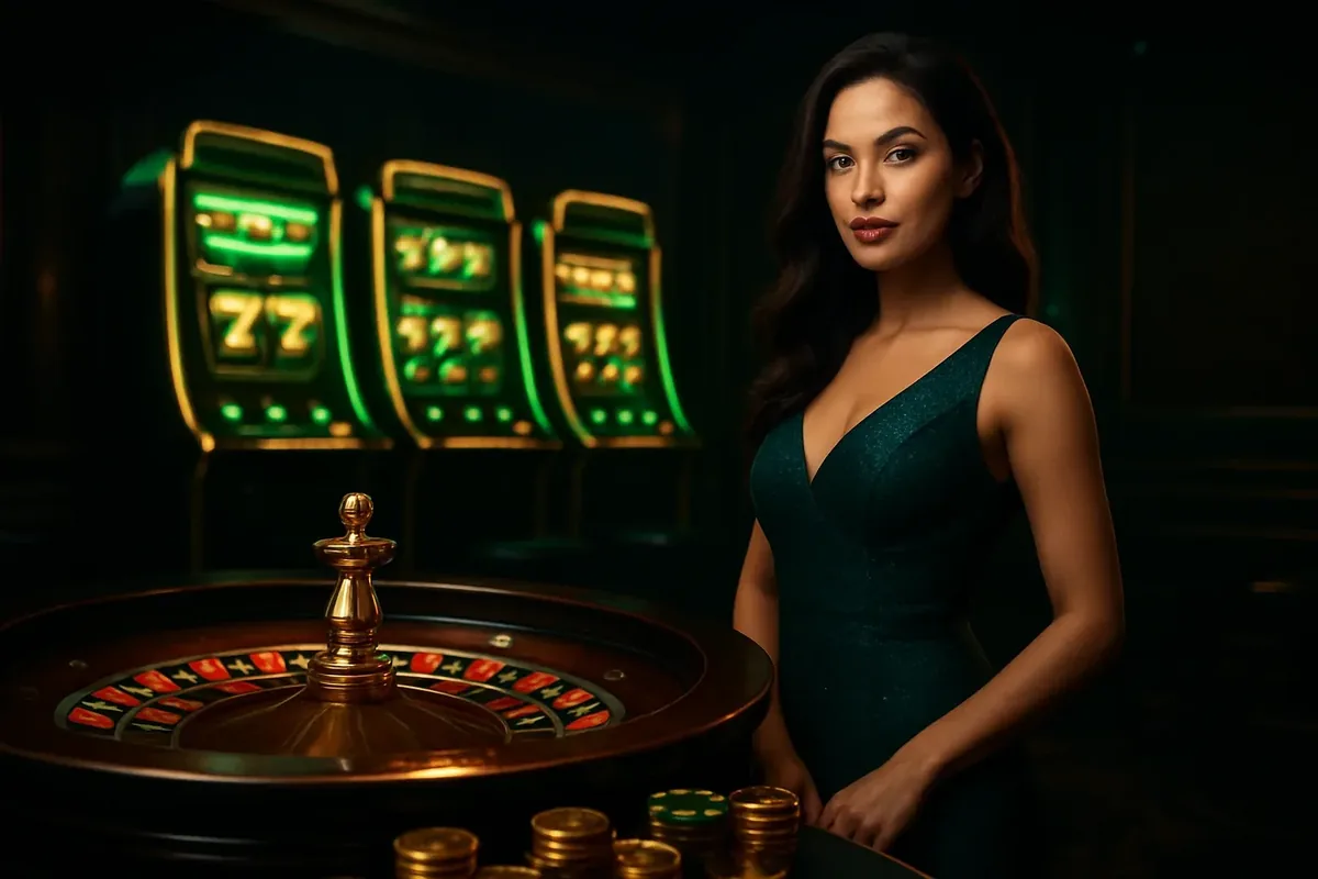 Confident woman in evening dress near roulette and slot machines with neon green and gold accents in a luxury Bangladesh casino