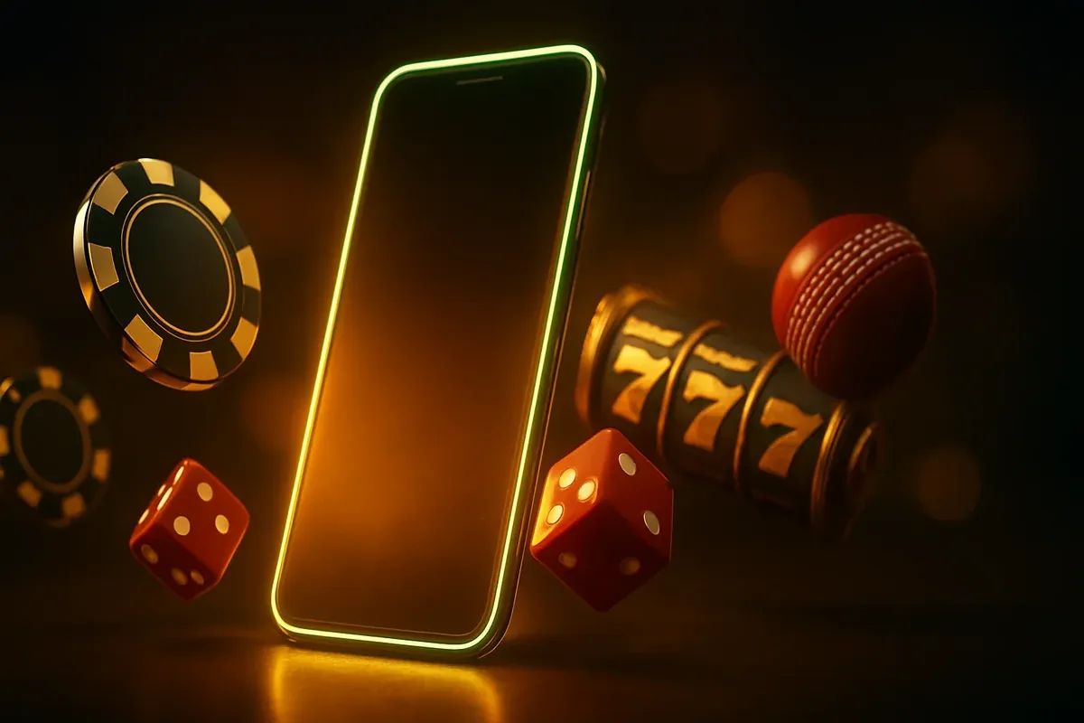 Glowing smartphone with casino chips, slot reels, dice, and cricket ball on dark luxurious background