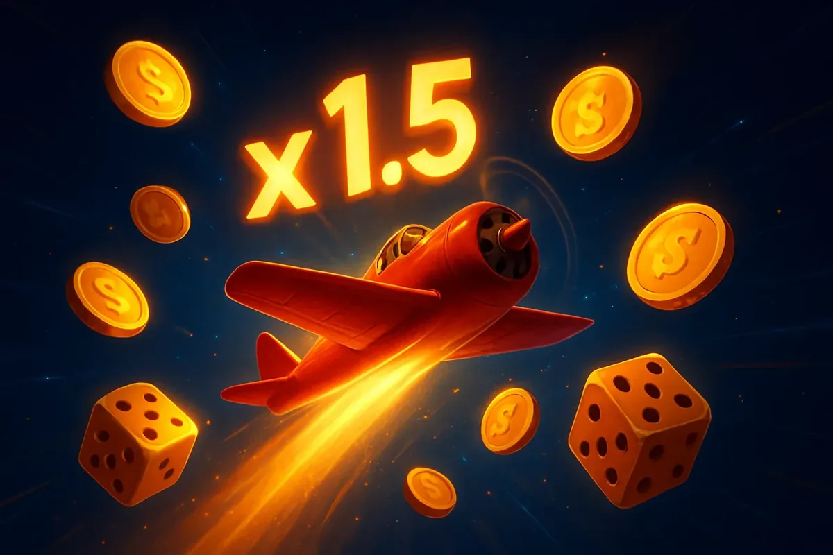 Aviator Crash Game Red airplane soaring with multiplier trail, coins, dice, neon accents, digital crash game art