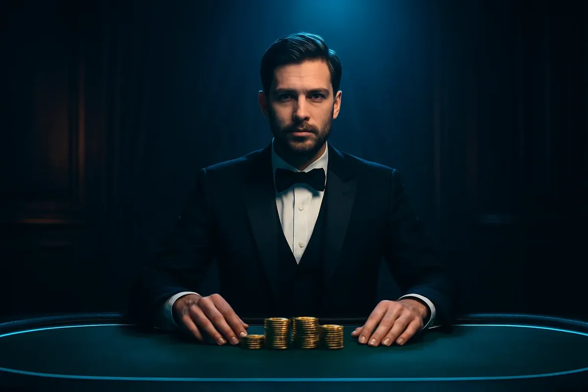 Elegant Live Casino Table Professional dealer at green felt casino table with golden chips under dramatic spotlight