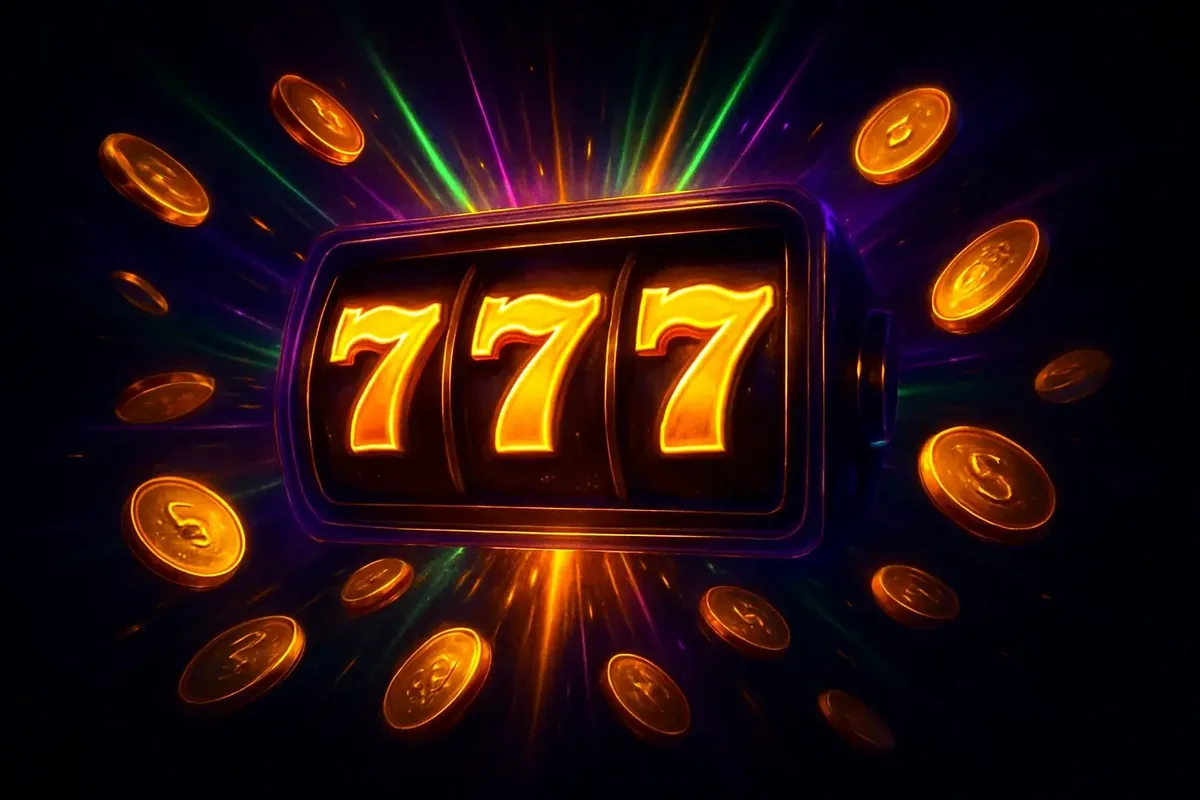 Jackpot Slot Machine Slot machine hitting jackpot with golden 777 symbols, coins, and neon lights